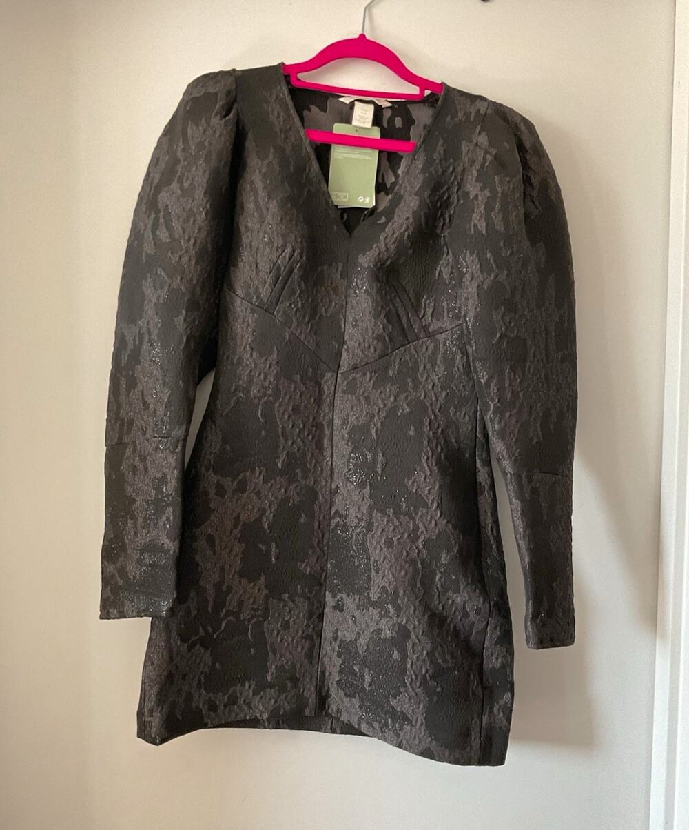 H&M Black Metallic Floral Jacquard V-Neck Puff Sleeve Mini Dress XS Pockets
